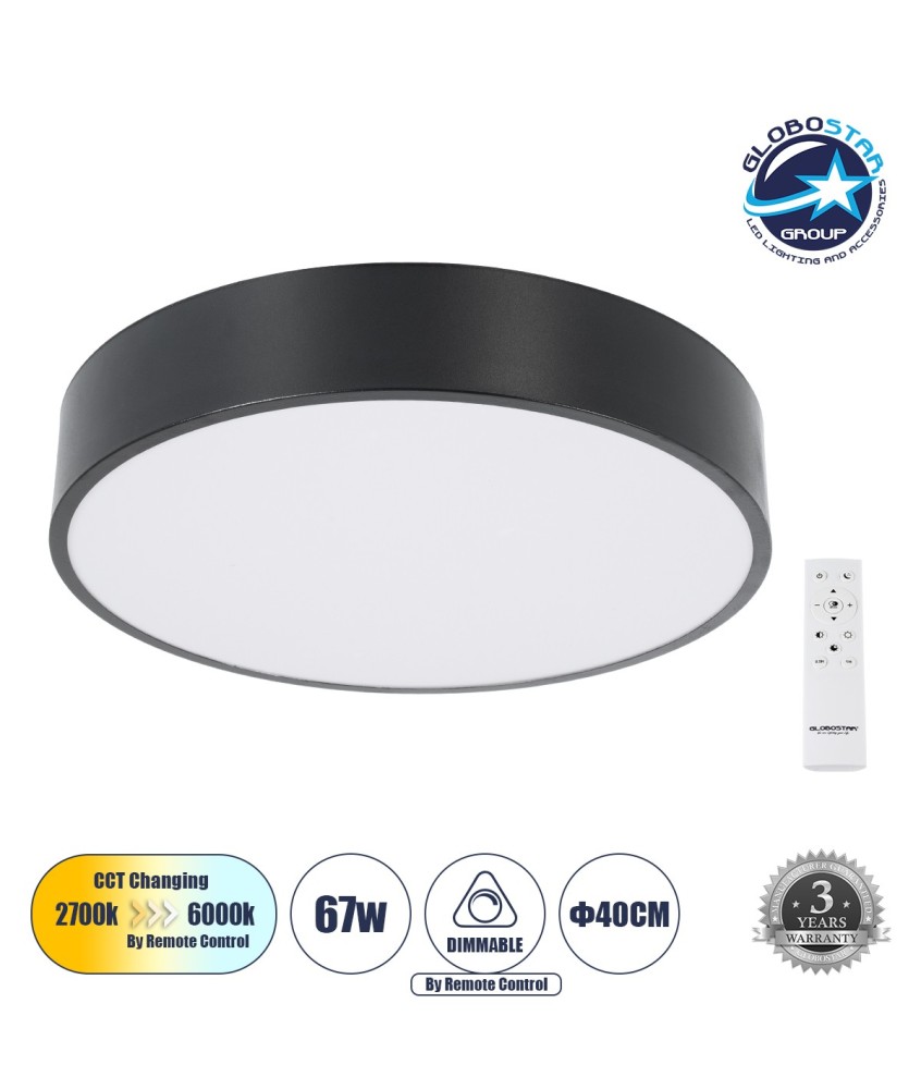 GLOBOSTAR® BURTON 61200-S Μοντέρνο Φωτιστικό Οροφής LED 67W 7370lm 120° AC 220-240V IP20 Ρυθμιζόμενο Λευκό CCT με Χειριστήριο από 2700K έως 6000K Dimmable - Lumileds SMD Chip - Μαύρο Ματ - Μ40 x Π40 x Υ8cm - 3 Χρόνια Εγγύηση